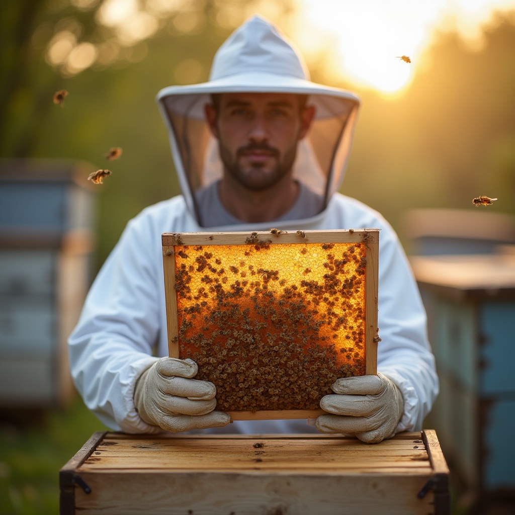 Apicultor în costum de protecție inspectând o ramă cu faguri și albine