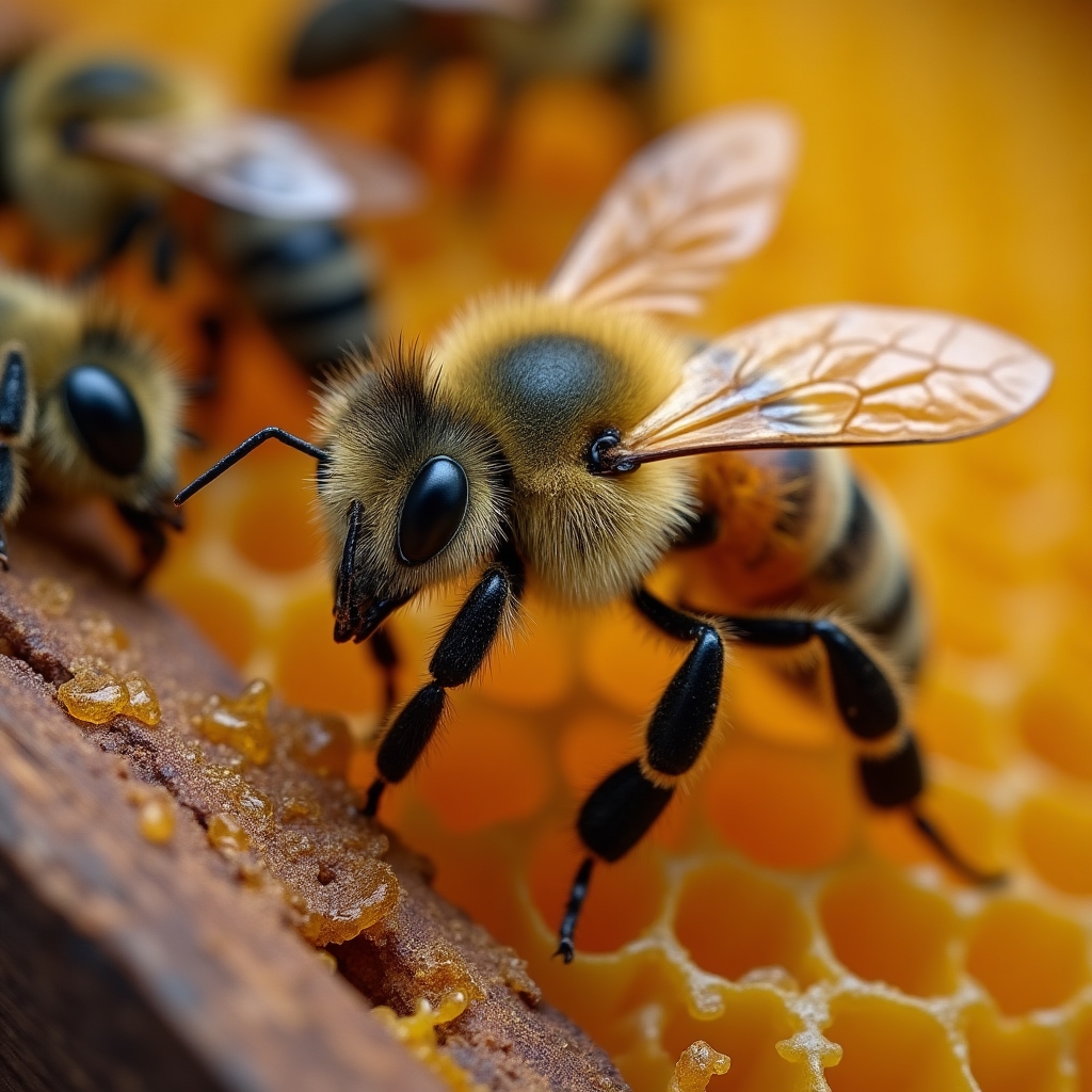 Matca albinelor vizibilă pe ramă, înconjurată de albine lucrătoare, fotografie macro