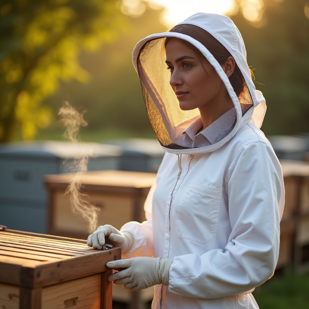 Participant la curs îmbrăcat în costum apicol complet, lângă un stup deschis