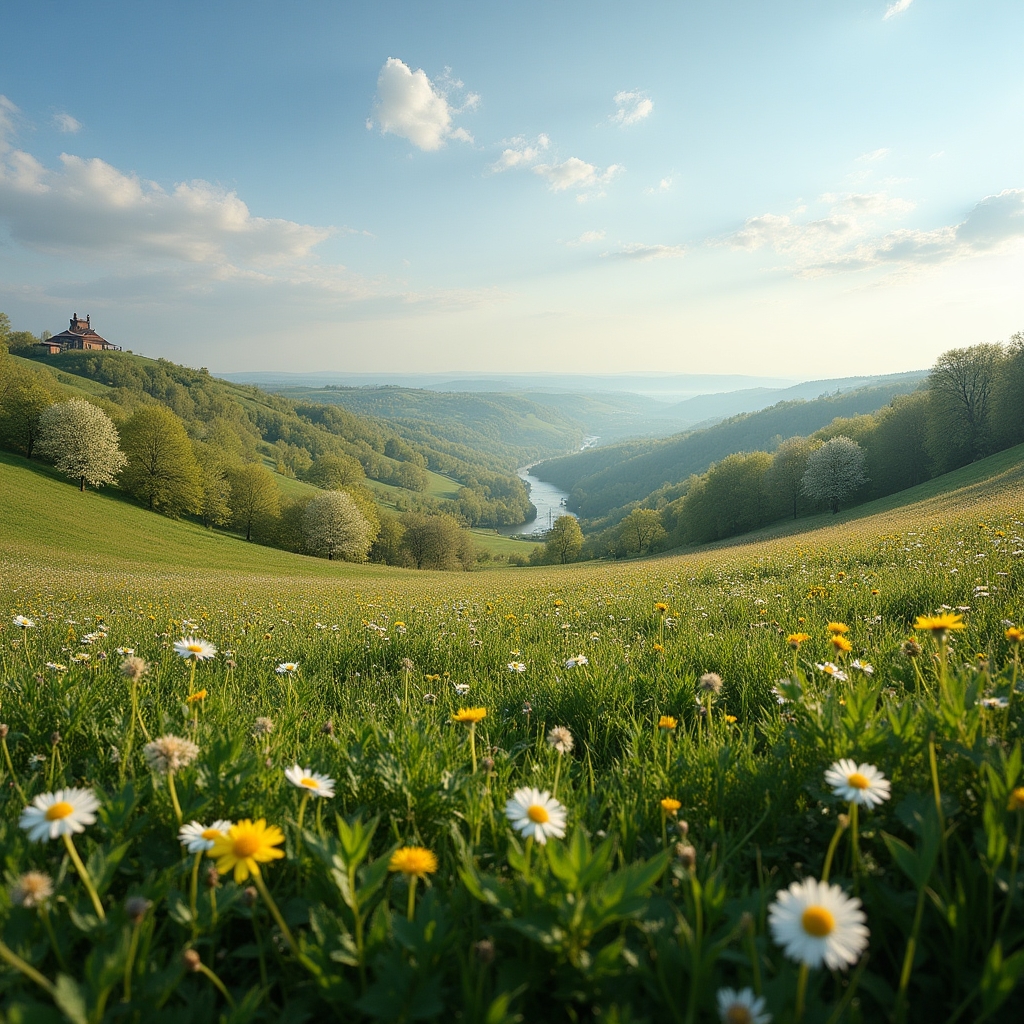 Peisaj cu vegetație meliferă în zona Cluj-Napoca, livadă înflorită în lumina dimineții